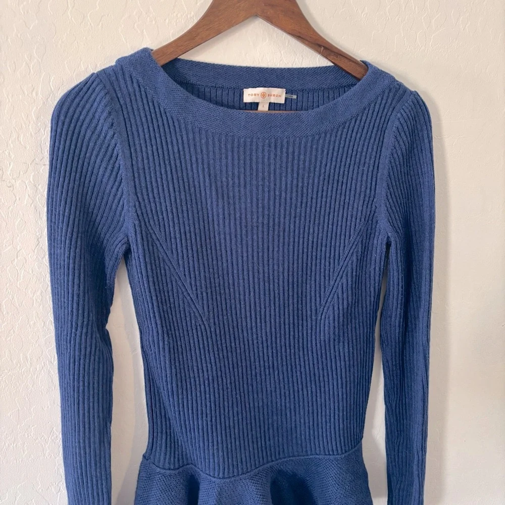 Tory Burch Ramona Merino Wool Peplum‎ Ribbed Sweater Wide Neck Large Blue EUC